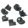 Set of seven piece crystal set with dark polished black agate pyramids cubes and a sphere including clear quartz shapes
