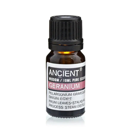 A small amber glass bottle of ancient wisdom geranium essential oil with black cap and white label 10ml