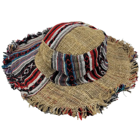Gheri and Hessian sun hat with a wired brim made of natural burlap and a colorful red black white blue band