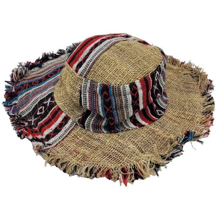 Gheri and Hessian sun hat with a wired brim made of natural burlap and a colorful red black white blue band