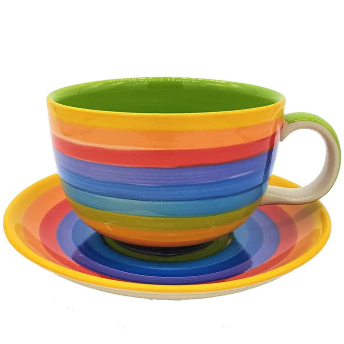 Giant rainbow breakfast cup and saucer with rainbow stripes in ceramic measuring about 5cm diameter