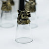 Antique bronze horse head finial on clear glass shot glass from mystical creatures forest set of 12 shot glasses