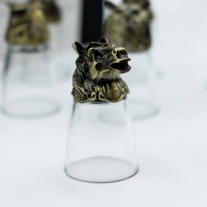 Antique bronze horse head finial on clear glass shot glass from mystical creatures forest set of 12 shot glasses