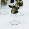 Antique bronze shot glass with brass deer head and clear glass body from forest mystical creatures set of 12