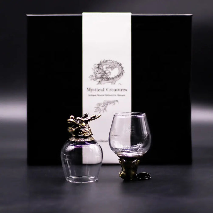 Clear glass shotglass with dragon design and antique bronze metallic lid and base from mystical creatures set