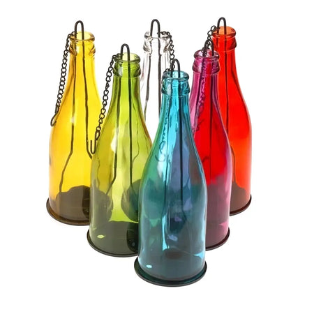 A set of six colorful glass bottle tealight holders with metal chains for hanging in various colors
