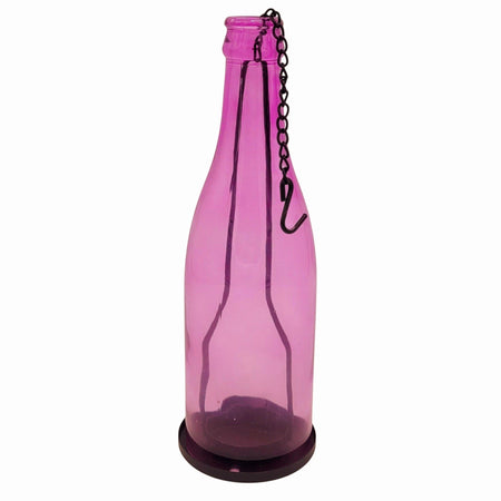 A translucent purple glass bottle tealight holder with a black metal chain hanging on a dark base