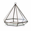 Large diamond glass and brass terrarium with geometric shape, clear panels, and dark metal frame for plants or decor