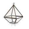 Small diamond glass and brass terrarium with dark metal frame and hanging loop in geometric shape