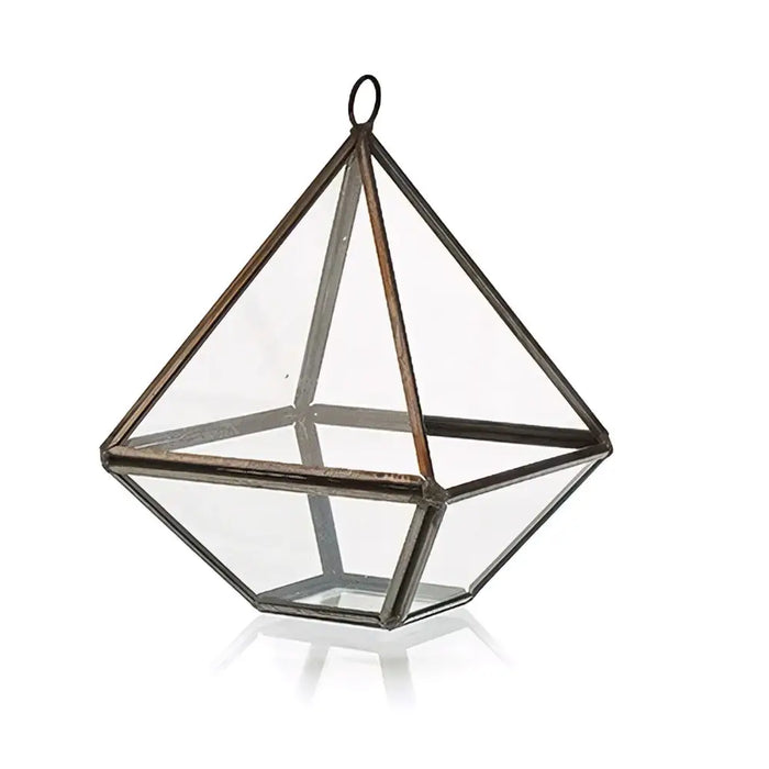 Small diamond glass and brass terrarium with dark metal frame and hanging loop in geometric shape