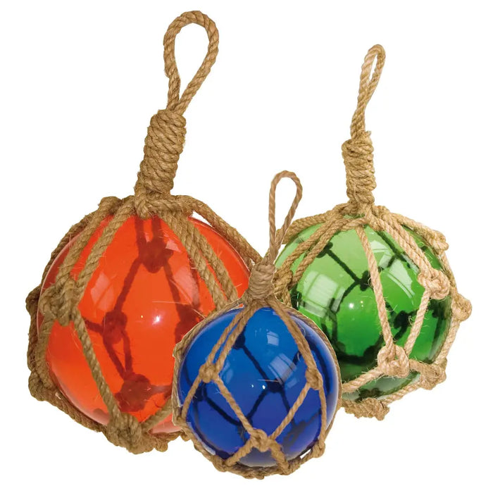 Three glass buoy ornaments in orange blue and green with hessian rope nets showing different diameters