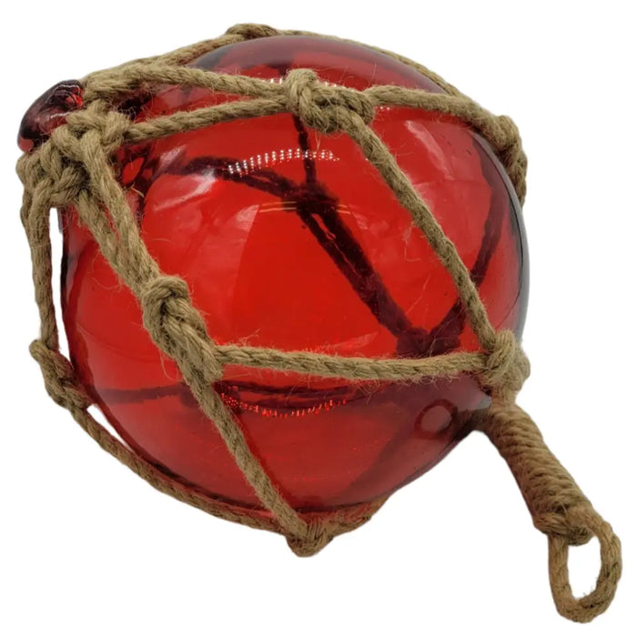 A translucent red glass buoy ornament wrapped in hessian rope net with varying diameter options