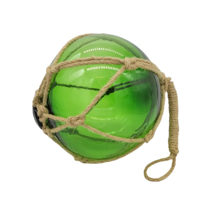 Vibrant green glass buoy ornament with rustic hessian rope netting and handle showing diameter options