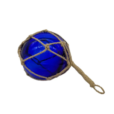 A cobalt blue glass buoy ornament in a natural hessian rope net with a looped handle showing diameter options
