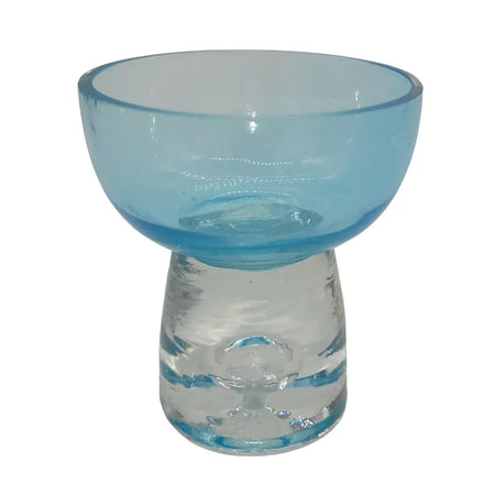 A glass candle and tealight holder with a translucent pale blue bowl and clear textured glass base