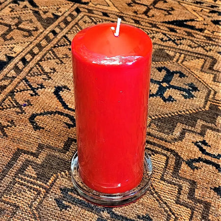 A vibrant red pillar candle in a clear glass church candle stand fits up to 8cm diameter christmas pillar candles