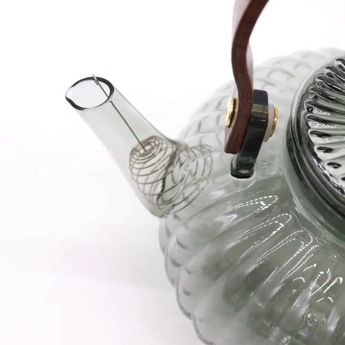 Clear glass infuser teapot with charcoal ribbed body and dark brown wooden handle 950ml capacity