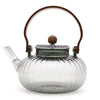 Clear glass infuser teapot with ribbed pumpkin shape and dark brown wooden handle and lid knob 950ml charcoal ribbed pearl