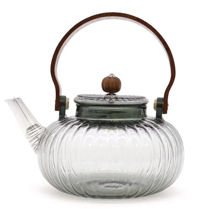 Clear glass infuser teapot with ribbed pumpkin shape and dark brown wooden handle and lid knob 950ml charcoal ribbed pearl