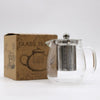 Clear glass infuser teapot with stainless steel infuser and lid featuring a sleek handle and modern design in 550ml capacity