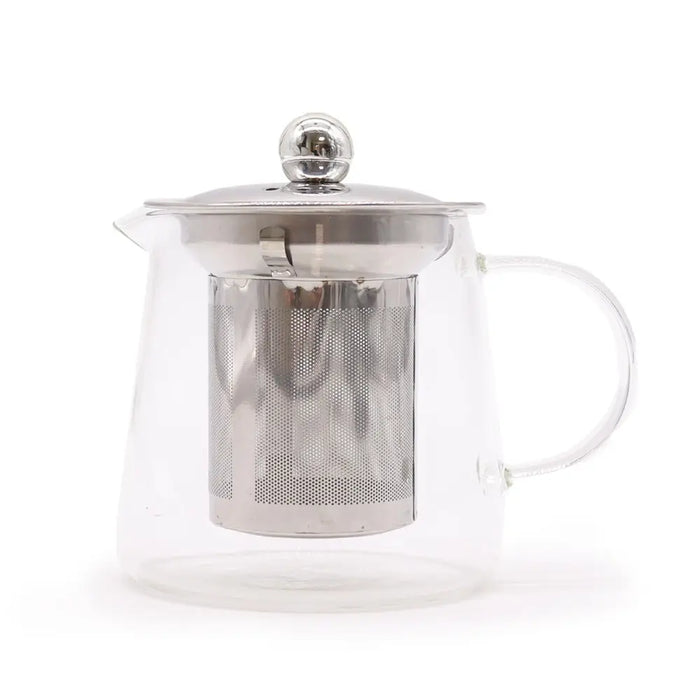 Glass infuser teapot flask shape 350ml with clear glass body and stainless steel lid handle and built-in filter