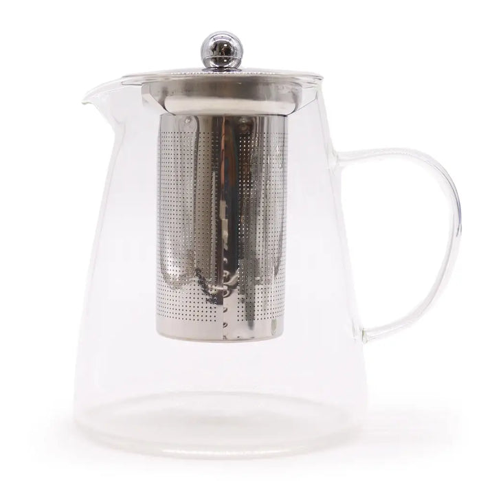 Clear glass infuser teapot with a stainless steel lid and infuser in a flask shape 950ml capacity