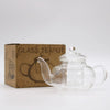 Clear glass infuser teapot with matching lid and handle featuring a mesh infuser for loose leaf tea brewing