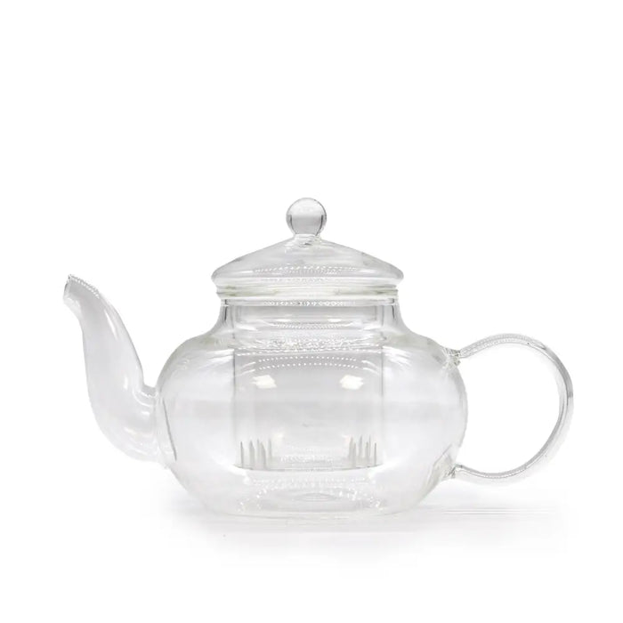Clear glass infuser teapot with matching lid and handle featuring internal infuser for steeping tea leaves 400ml