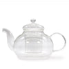 Clear glass infuser teapot with built-in infuser and rounded handle in clear glass for brewing tea at home