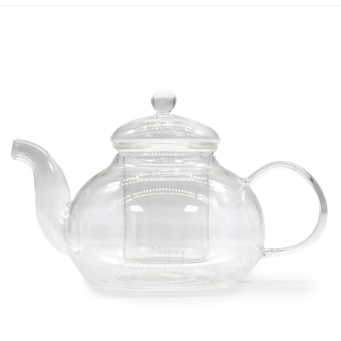 Clear glass infuser teapot with built-in infuser and rounded handle in clear glass for brewing tea at home