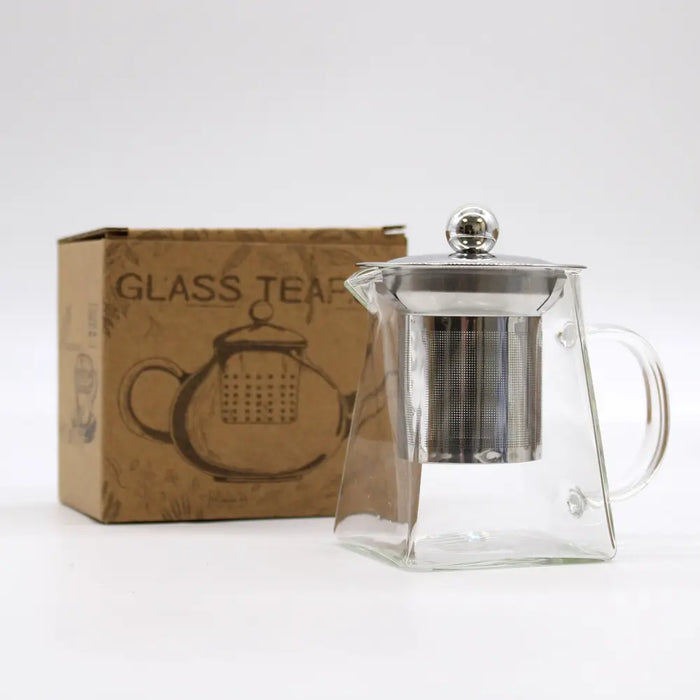 Glass infuser teapot tower shape with clear glass body and stainless steel lid handle and built-in filter 350ml