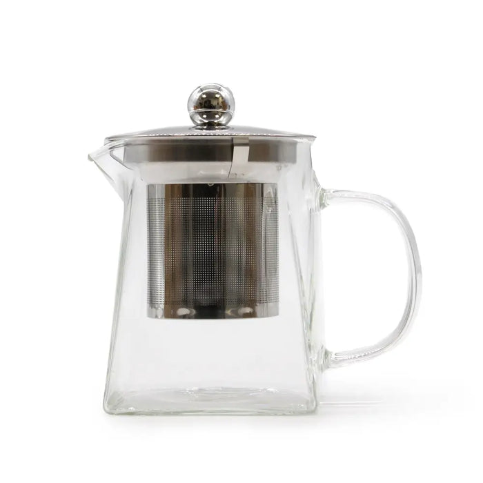 Glass infuser teapot tower shape with clear glass body and stainless steel lid handle and built in filter 350ml