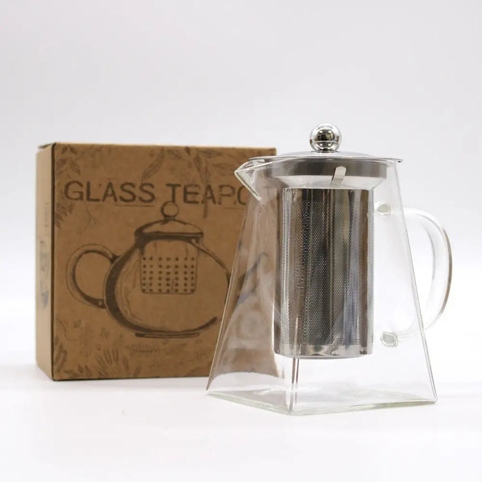 Clear glass infuser teapot with stainless steel lid and infuser in a modern tower shape 750ml capacity
