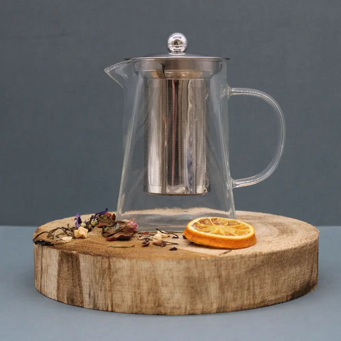Clear glass infuser teapot tower shape with stainless steel filter lid and sleek handle in a 750ml capacity
