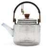 Clear glass infuser teapot with wooden lid knob black and wood handle and internal steamer system charcoal infuser teapot