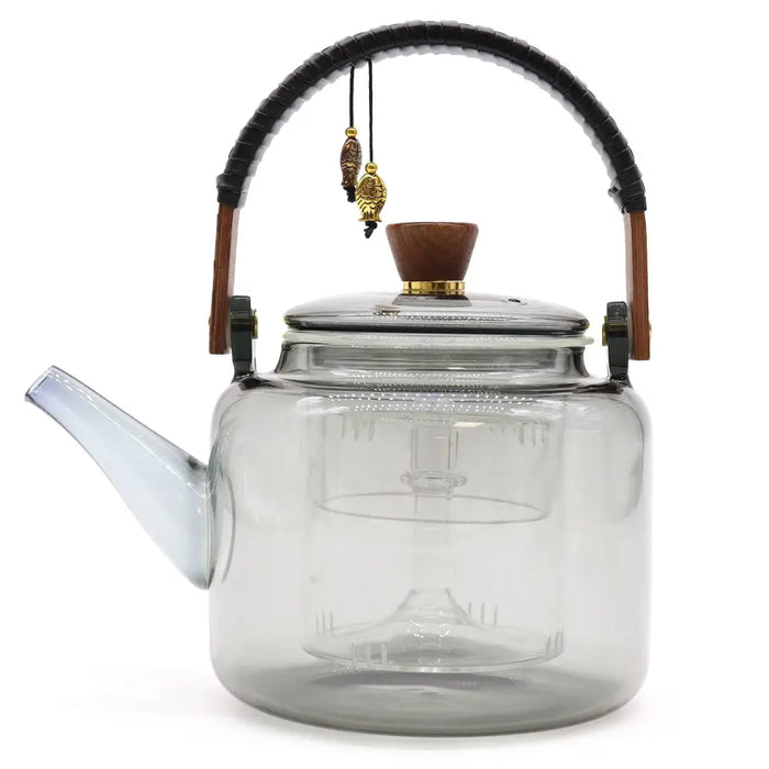 Clear glass infuser teapot with wooden lid knob black and wood handle and internal steamer system charcoal infuser teapot