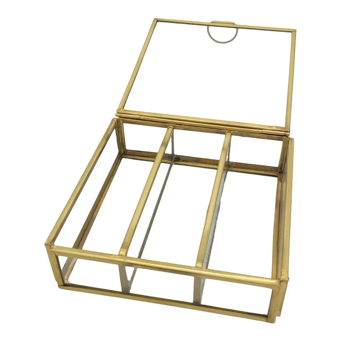 Large gold-toned glass jewellery box with hinged lid and internal dividers for glass jewellery tabletop decor