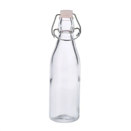 Clear glass kilner storage bottle 250ml with silver metal swing-top clasp and pale pink cork stopper
