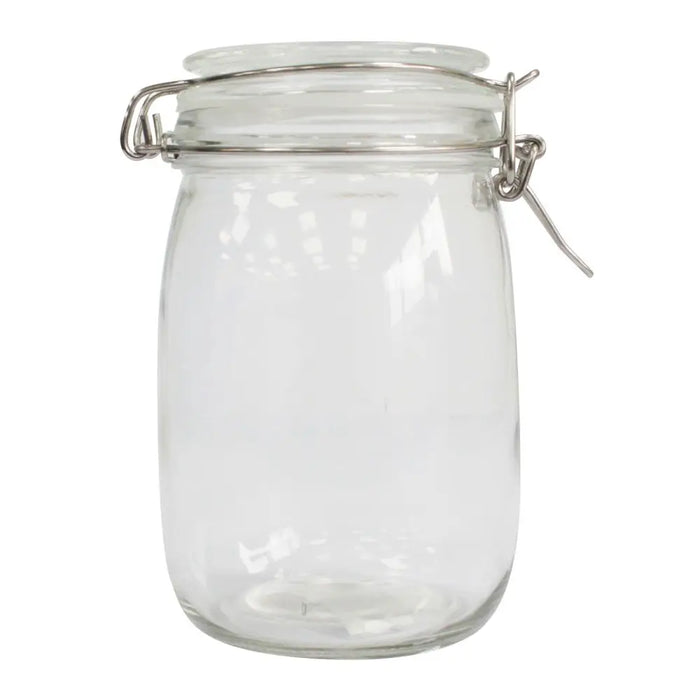 Clear glass kilner storage jar with silver metal clasp lid available in four sizes for versatile kitchen storage