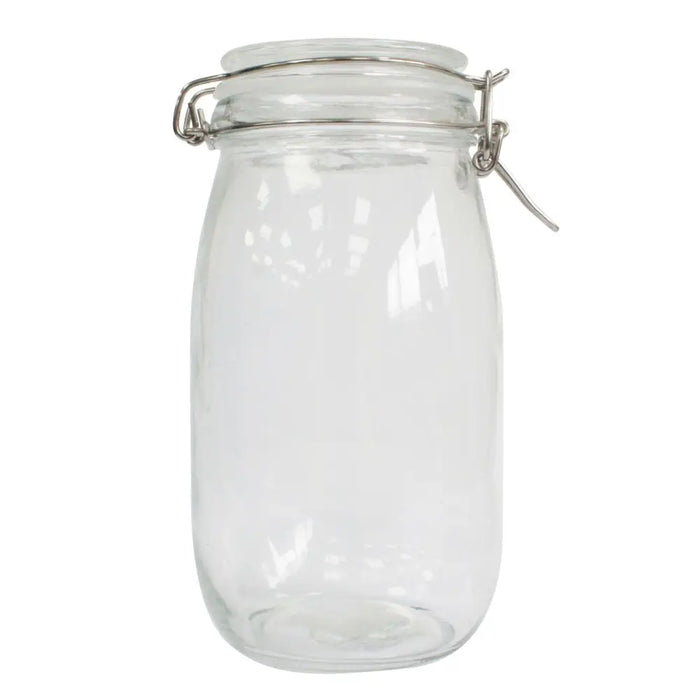 Clear glass kilner storage jar with silver metal clamp lid available in four sizes for versatile kitchen use