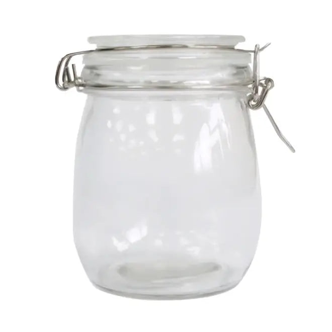 Clear glass kilner storage jar with a silver metal clasp lid available in four sizes for versatile kitchen use