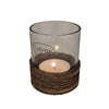 Glass votive and tealight holder with brown string trim featuring a transparent glass candle holder and lit tea light