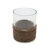 Clear glass votive and tealight holder with a woven brown string base for candle display or decor