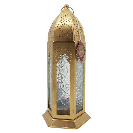 Gold kasbah candle and tealight lantern made of gold-colored metal with intricate cut-out patterns and frosted glass panels