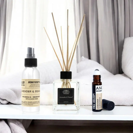 Clear glass reed diffuser with black cap and label in lavender and fenugreek scent for a good sleep kit with fennel essential oil