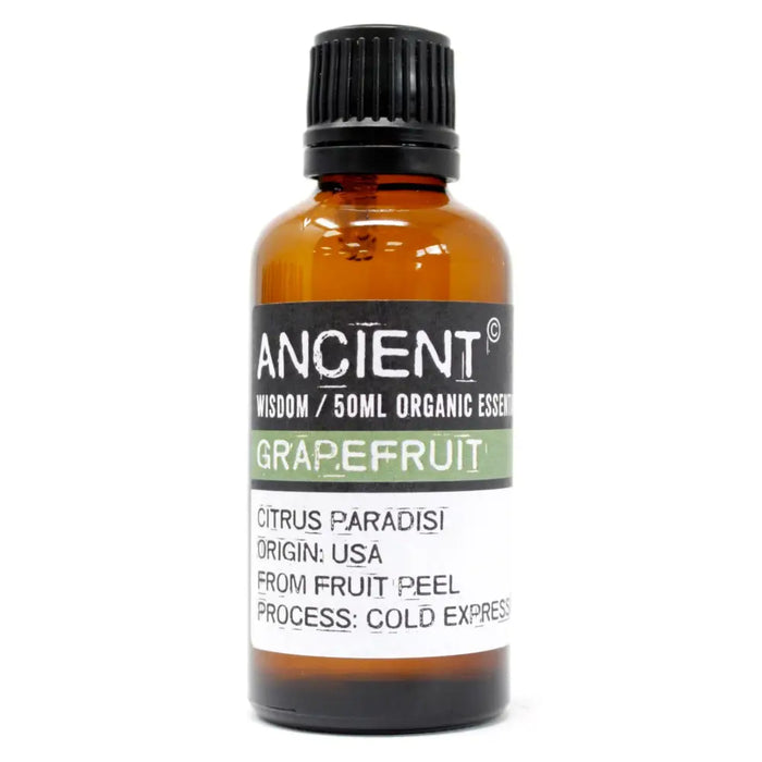 A 50ml amber glass bottle of ancient wisdom grapefruit essential oil with black cap for brain region and blood pressure support