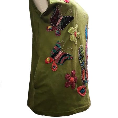 Olive green cotton tank vest with colorful embroidered butterflies and flowers in patchwork fabric design