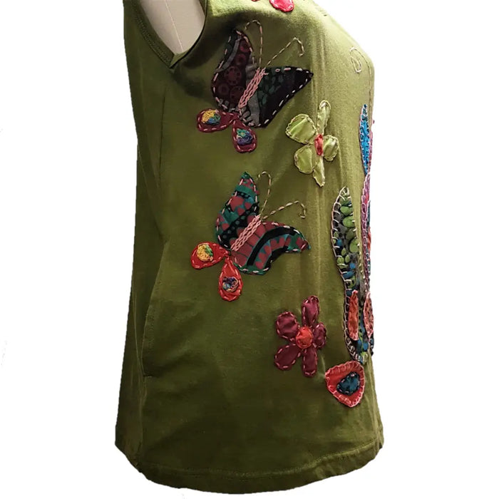 Olive green cotton tank vest with colorful embroidered butterflies and flowers in patchwork fabric design