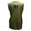 Olive green cotton tank vest with hand embroidered butterfly patch featuring black white striped wings and colorful details