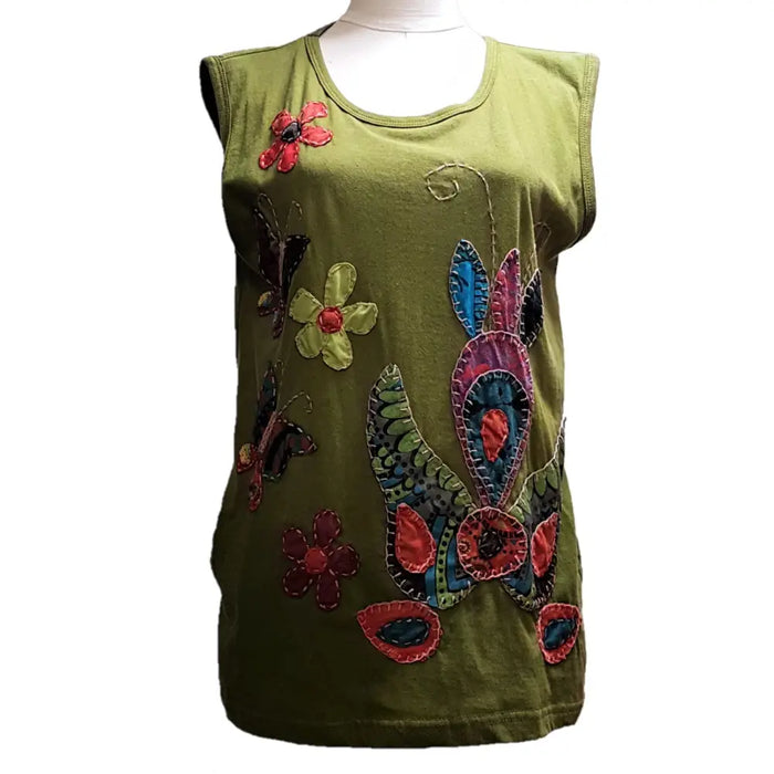 Olive green cotton tank vest with colorful stitched flowers and butterflies in red blue pink and yellow designs